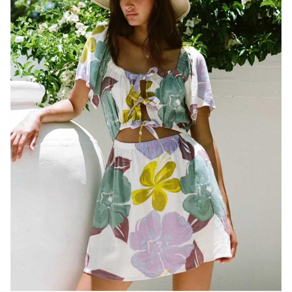 SABO Australia Lexi Floral Print Linen Blend Cutout Dress